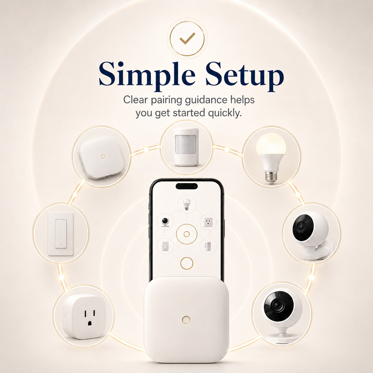 Simple smart home setup with hub, phone app, and connected home devices