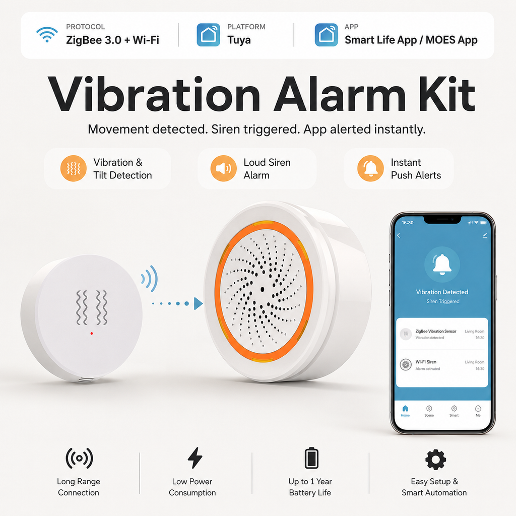 Zigbee Vibration Sensor Alarm Kit smart safety and security main product image