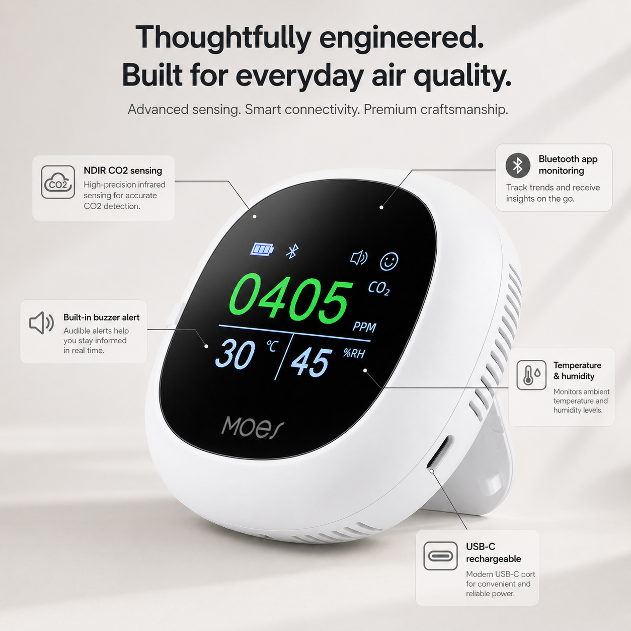 Bluetooth CO2 Monitor with Temperature & Humidity smart safety and security product image 6
